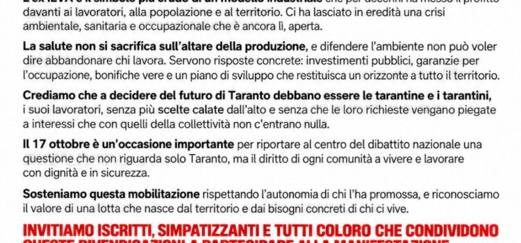 TARANTO NON PUÒ PIÙ ASPETTARE. AL FIANCO DI LAVORATORI E CITTADINI